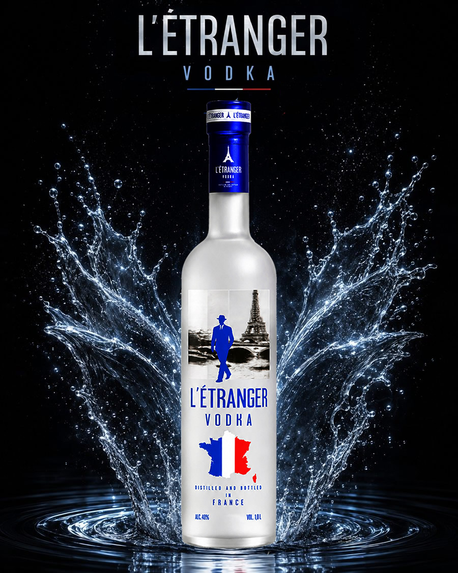 L'Etranger Vodka campaign visual: the bottle rising from a burst of clear water against a black background.