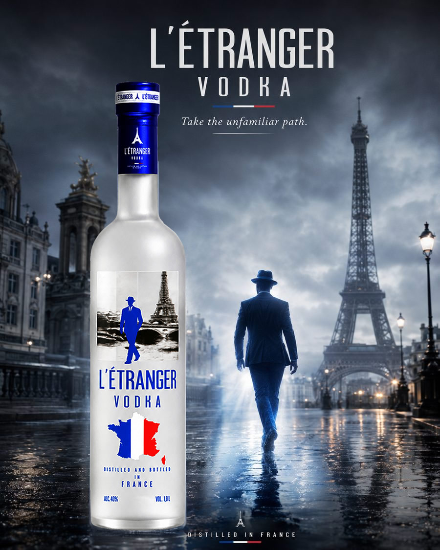 L'Etranger Vodka campaign visual: a man in a hat and suit walks a rain-slicked Paris street toward the Eiffel Tower, the bottle standing in the foreground.